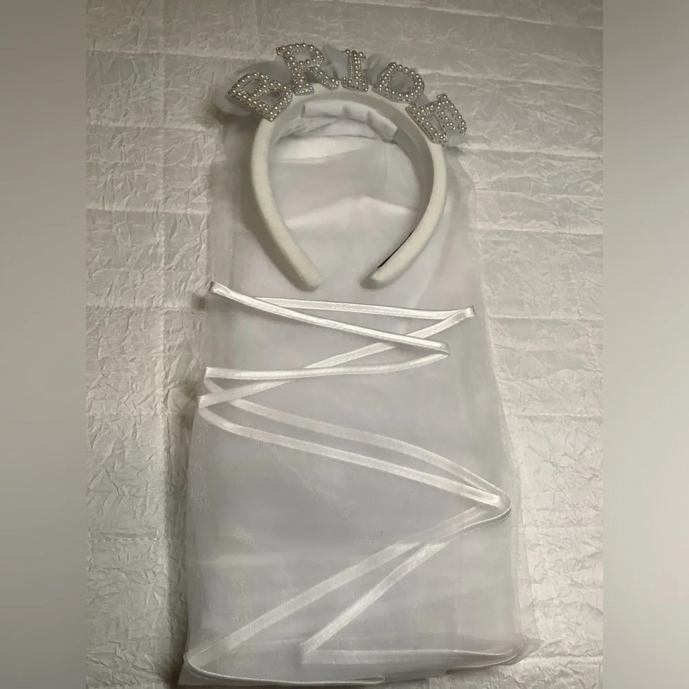 Pearl Embellished BRIDE headband with veil NEW